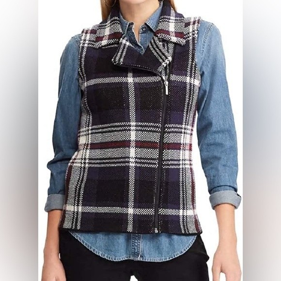 Chaps Womens Knit Sweater Moto Vest Size XXL Plaid Cotton Asymmetric Zip - Picture 1 of 8